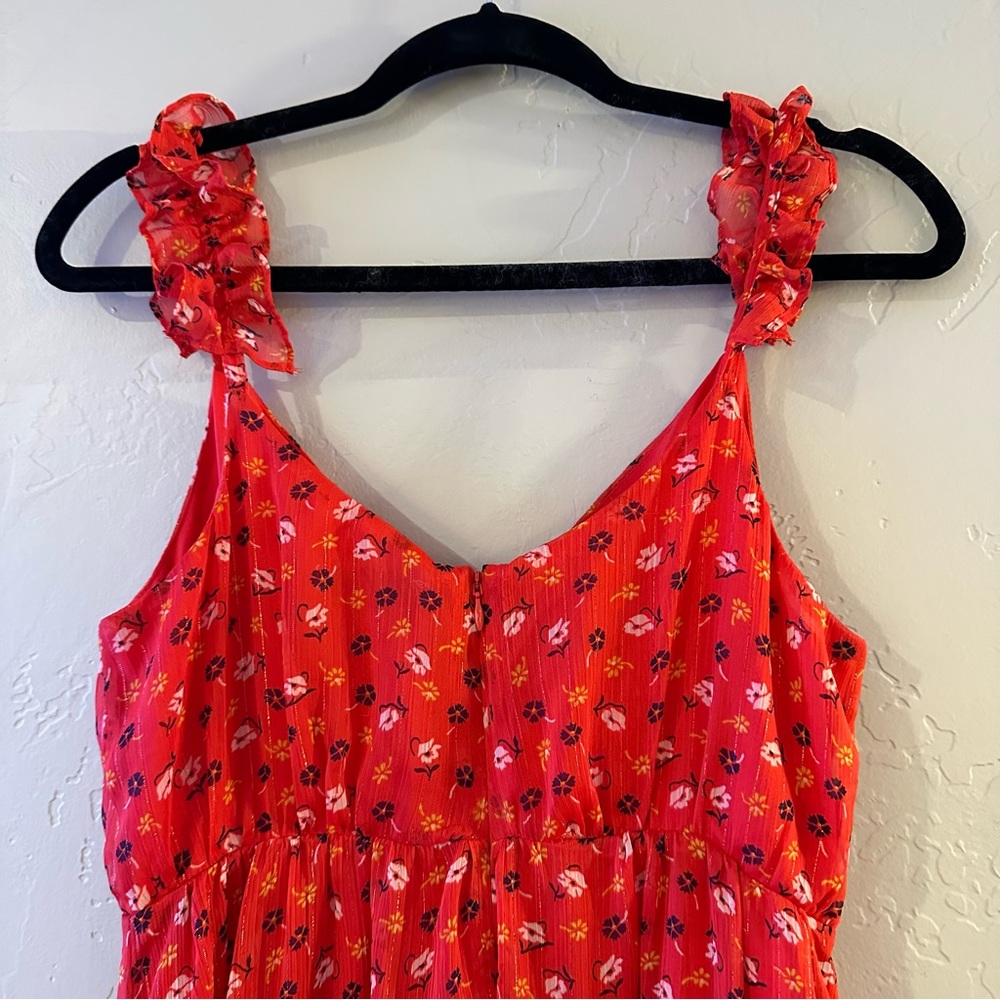 Madewell Ruffle-Strap Wrap Dress Metallic Striped Prairie Posies Red - Picture 13 of 14